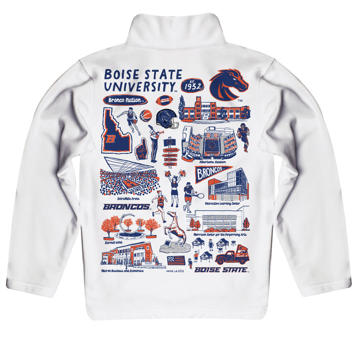 Boise State University Broncos Hand Sketched Vive La Fete Impressions Artwork White Boys Quarter Zip Pullover V1