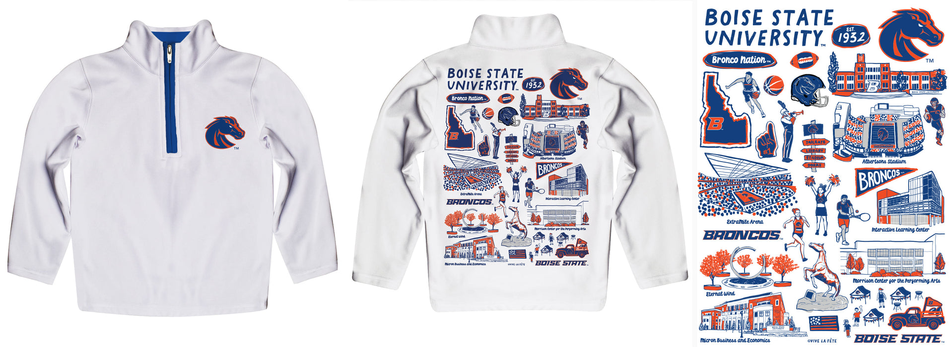 Boise State University Broncos Hand Sketched Vive La Fete Impressions Artwork White Boys Quarter Zip Pullover V1