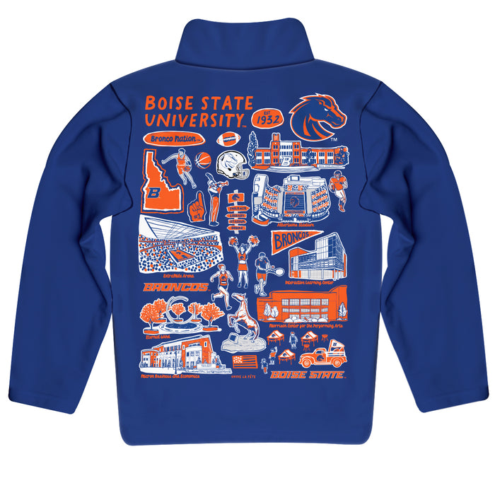 Boise State University Broncos Hand Sketched Vive La Fete Impressions Artwork Blue Boys Quarter Zip Pullover V1