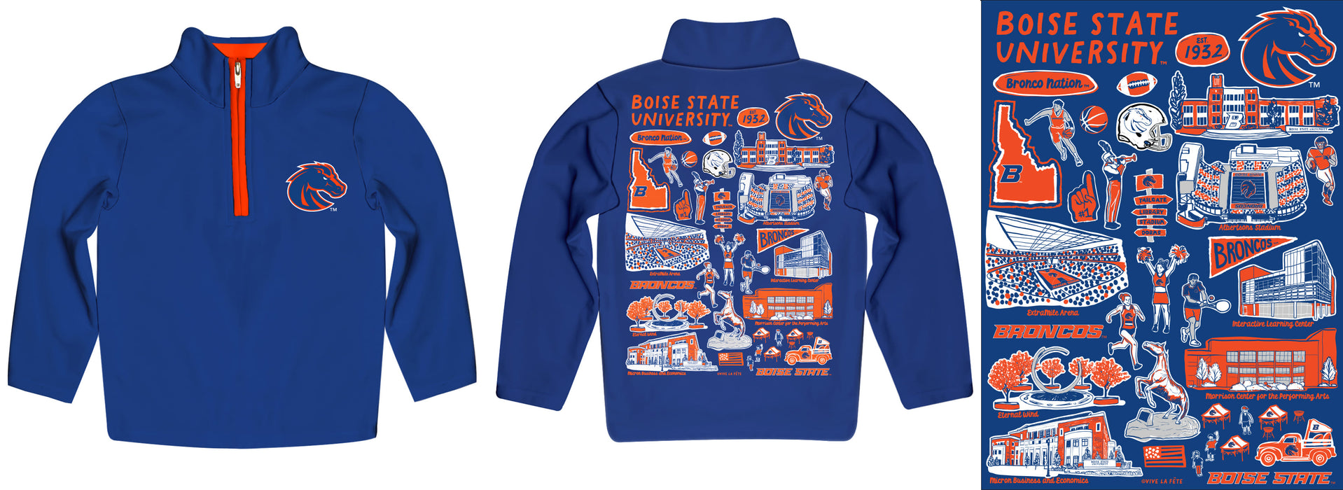 Boise State University Broncos Hand Sketched Vive La Fete Impressions Artwork Blue Boys Quarter Zip Pullover V1