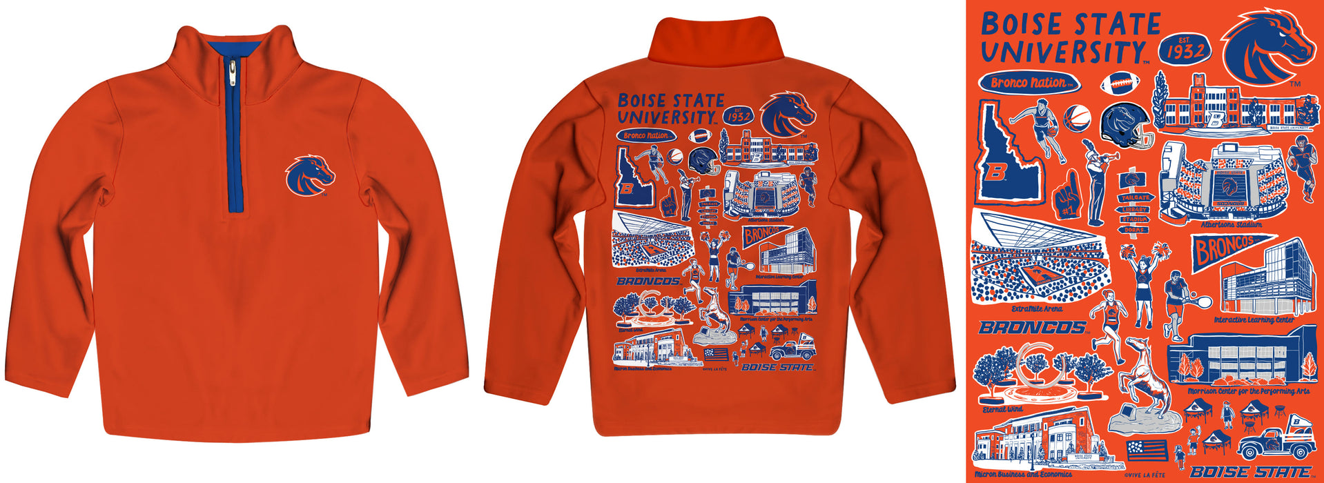 Boise State University Broncos Hand Sketched Vive La Fete Impressions Artwork Orange Boys Quarter Zip Pullover V1