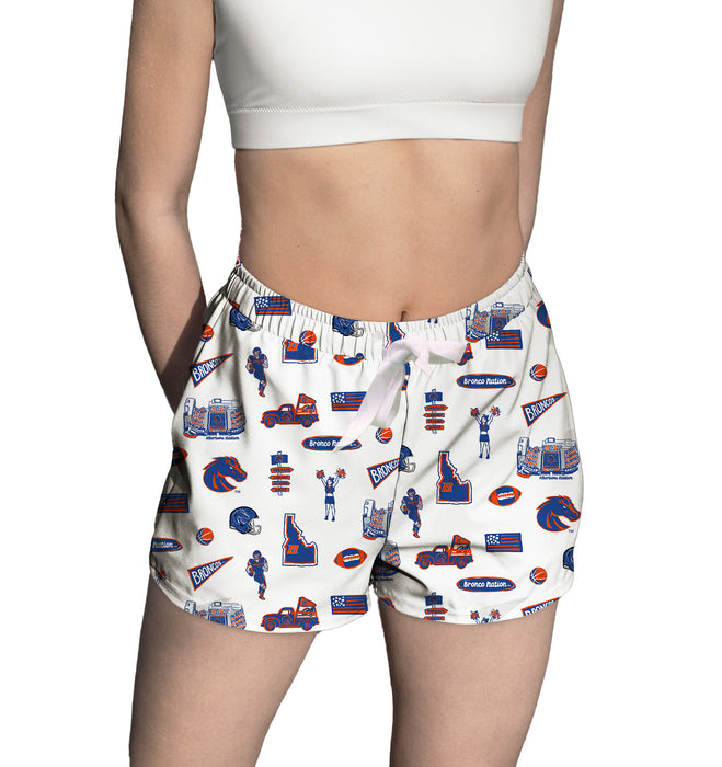 Boise State University Broncos Repeat Print Hand Sketched Vive La Fete Impressions Artwork Womens White Lounge Shorts