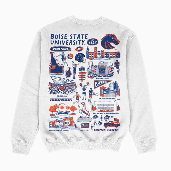 Boise State University Broncos Hand Sketched Impressions Artwork White Crewneck Sweatshirt for Women