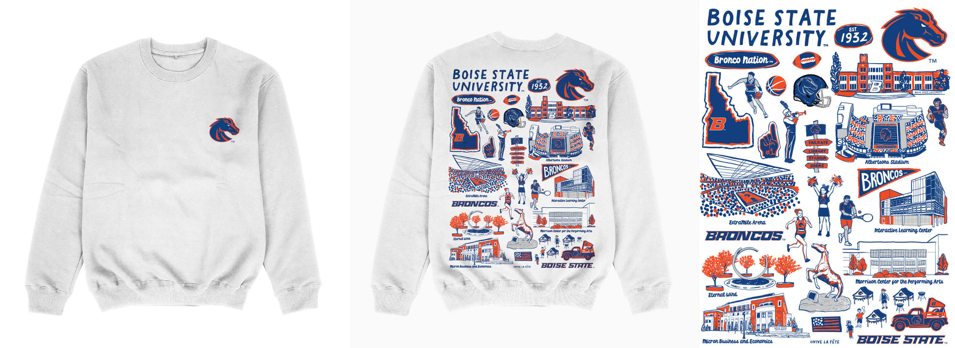 Boise State University Broncos Hand Sketched Impressions Artwork White Crewneck Sweatshirt for Women