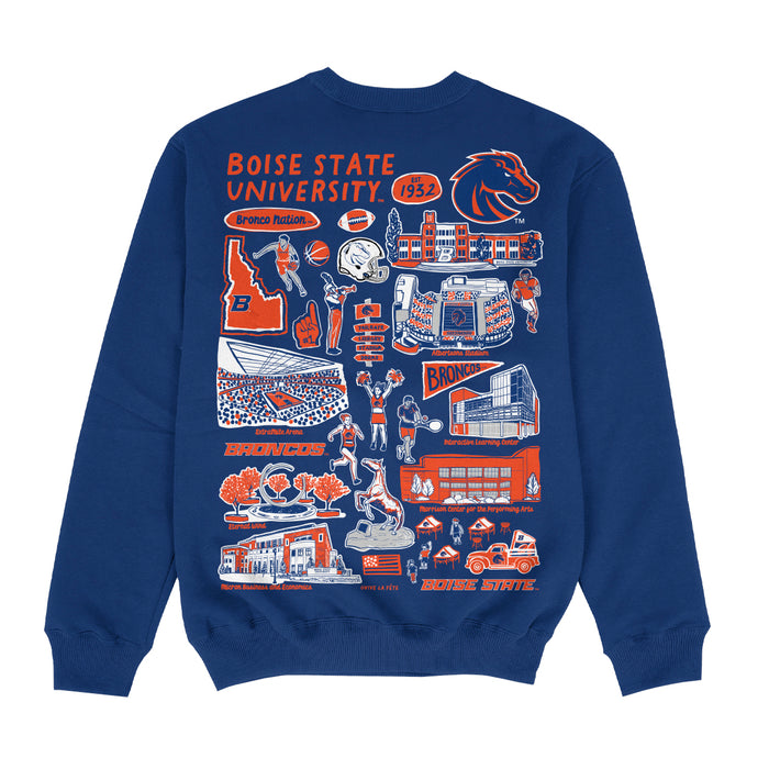 Boise State University Broncos Hand Sketched Impressions Artwork Blue Crewneck Sweatshirt for Women