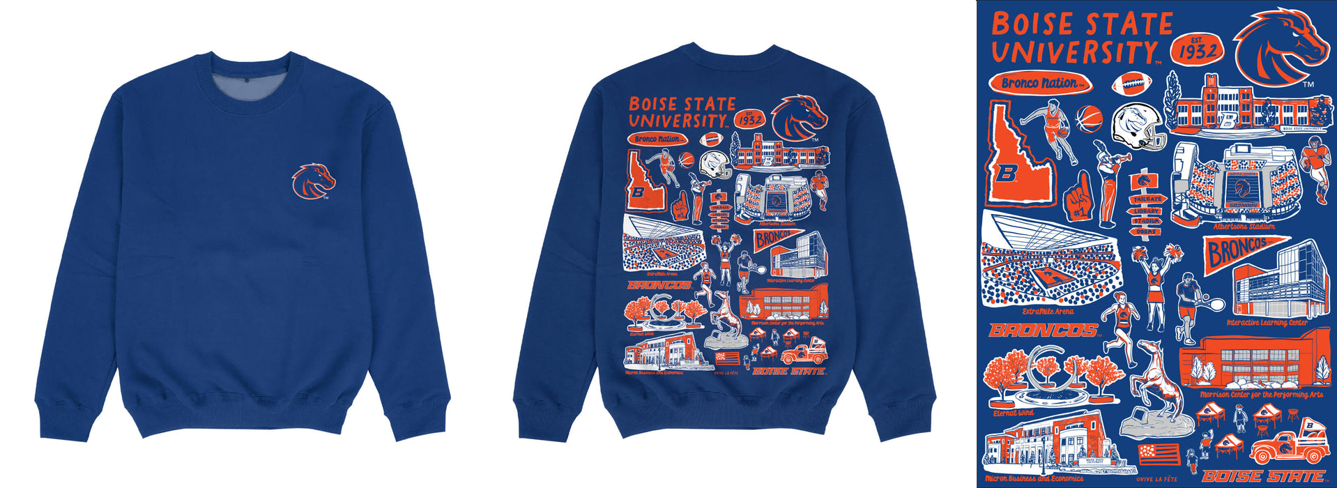 Boise State University Broncos Hand Sketched Impressions Artwork Blue Crewneck Sweatshirt for Women