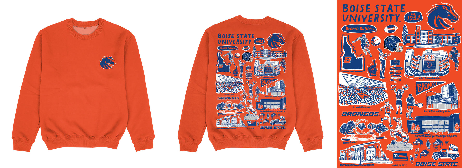 Boise State University Broncos Hand Sketched Impressions Artwork Orange Crewneck Sweatshirt for Women