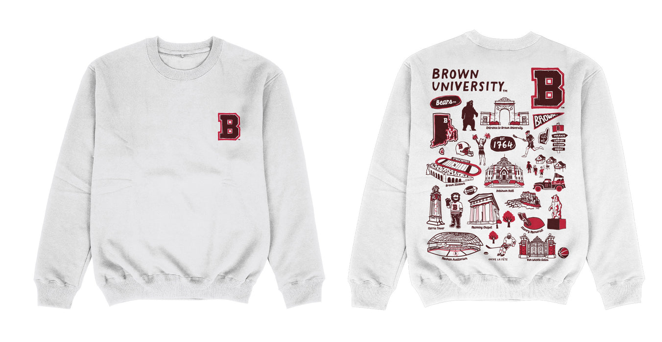 Brown University Bears Hand Sketched Impressions Artwork White Crewneck Sweatshirt for Women