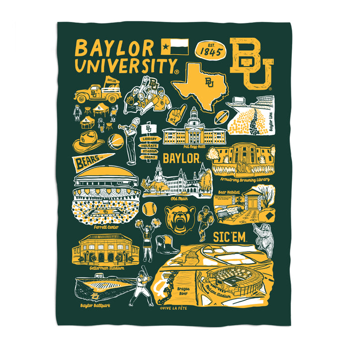 Baylor Bears Green Hand Sketched Vive La Fete Impressions Artwork Plush Soft Minky Blanket 36 x 48