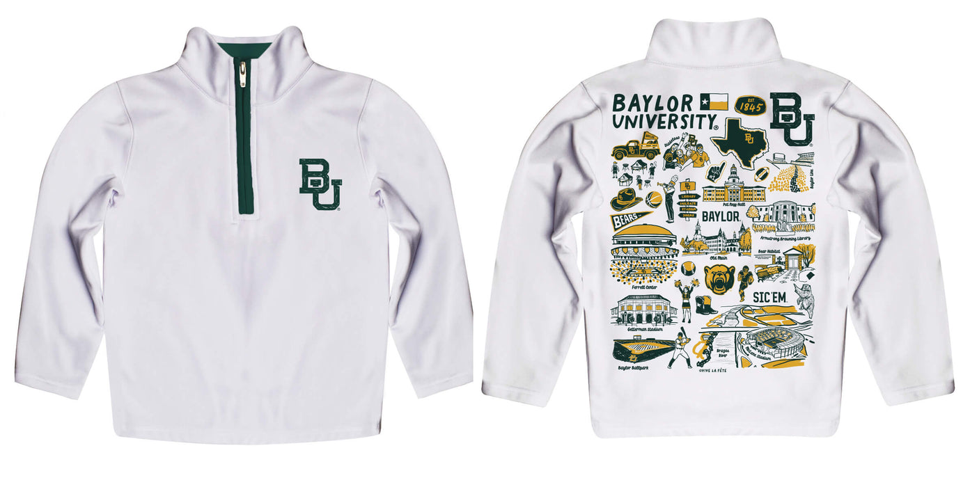 Baylor Bears Hand Sketched Vive La Fete Impressions Artwork White Boys Quarter Zip Pullover V1