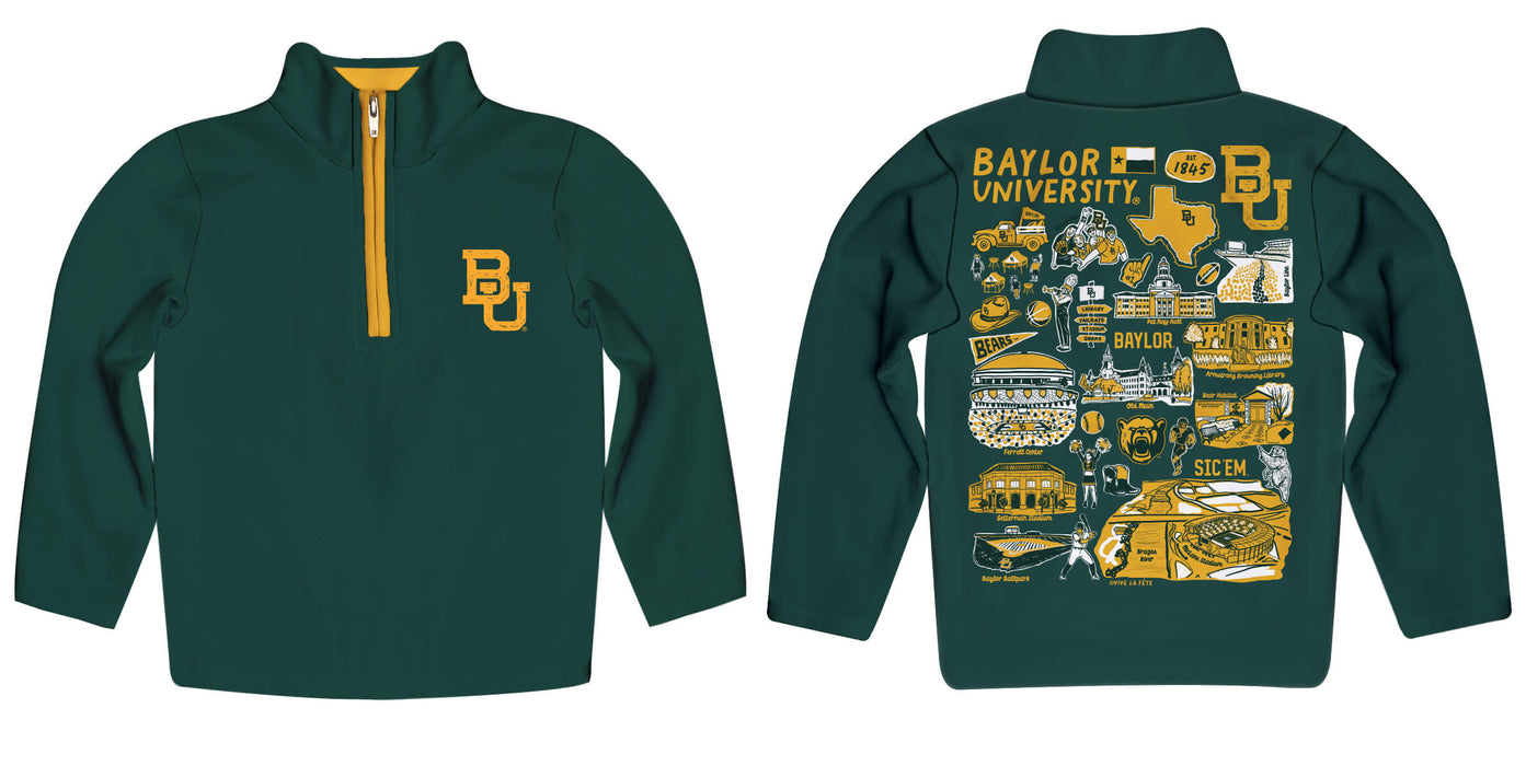 Baylor Bears Hand Sketched Vive La Fete Impressions Artwork Green Boys Quarter Zip Pullover V1