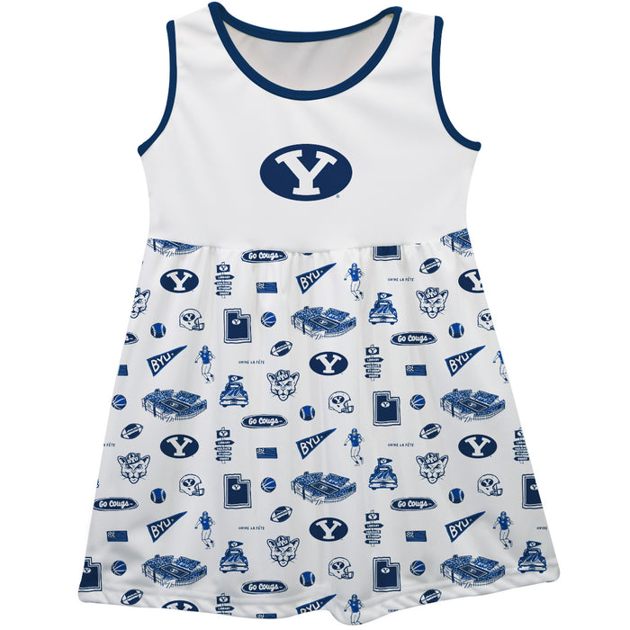 BYU Cougars Sleeveless Tank Dress Girls White Repeat Print Hand Sketched Vive La Fete Impressions