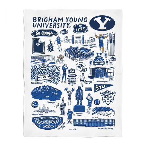 Brigham Young Cougars BYU White Hand Sketched Vive La Fete Impressions Artwork Plush Soft Minky Blanket 36 x 48