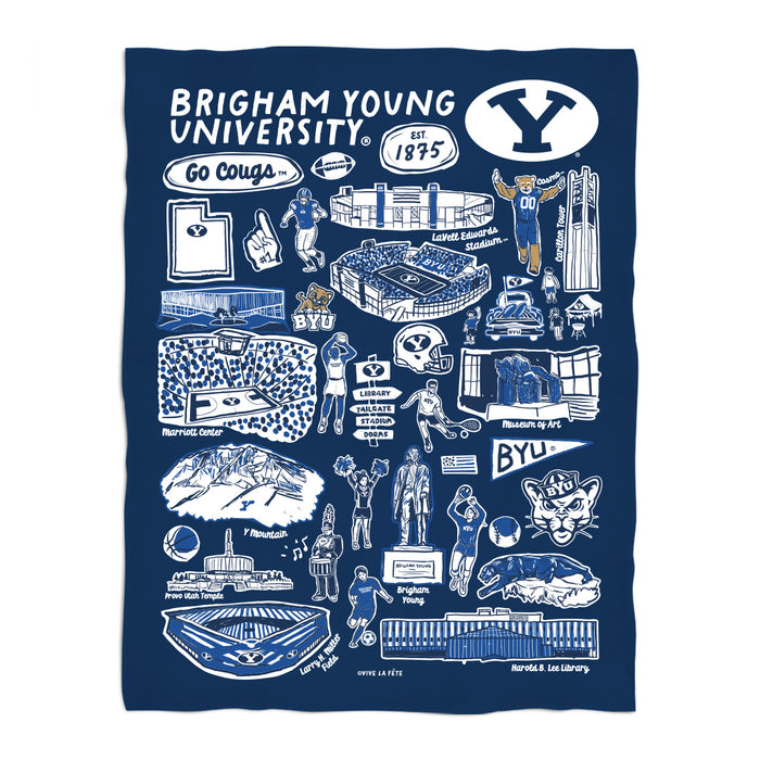 Brigham Young Cougars BYU Navy Hand Sketched Vive La Fete Impressions Artwork Plush Soft Minky Blanket 36 x 48