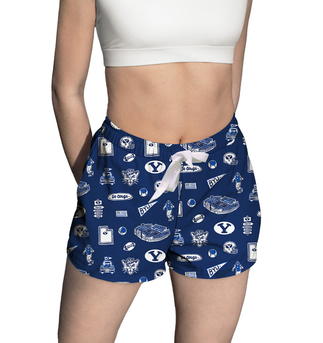 BYU Cougars Repeat Print Hand Sketched Vive La Fete Impressions Artwork Womens Blue Lounge Shorts