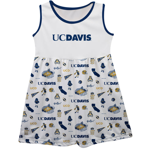 UC Davis Aggies Sleeveless Tank Dress Girls White Repeat Print Hand Sketched Vive La Fete Impressions