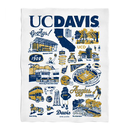 UC Davis Aggies White Hand Sketched Vive La Fete Impressions Artwork Plush Soft Minky Blanket 36 x 48