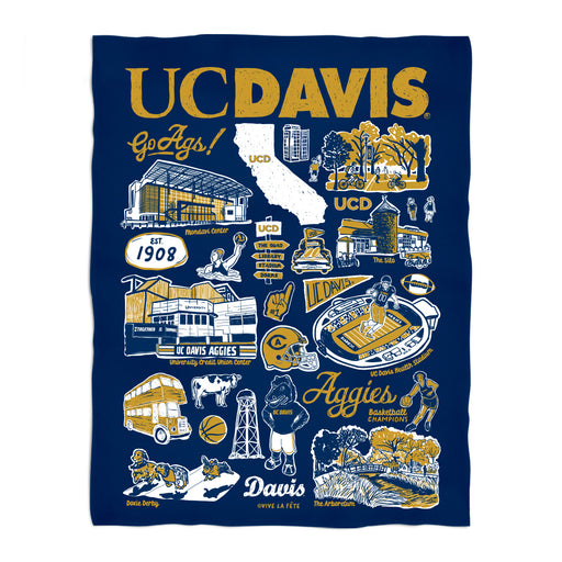 UC Davis Aggies Blue Hand Sketched Vive La Fete Impressions Artwork Plush Soft Minky Blanket 36 x 48