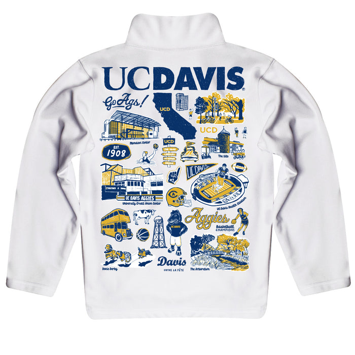 UC Davis Aggies Hand Sketched Vive La Fete Impressions Artwork White Boys Quarter Zip Pullover V1