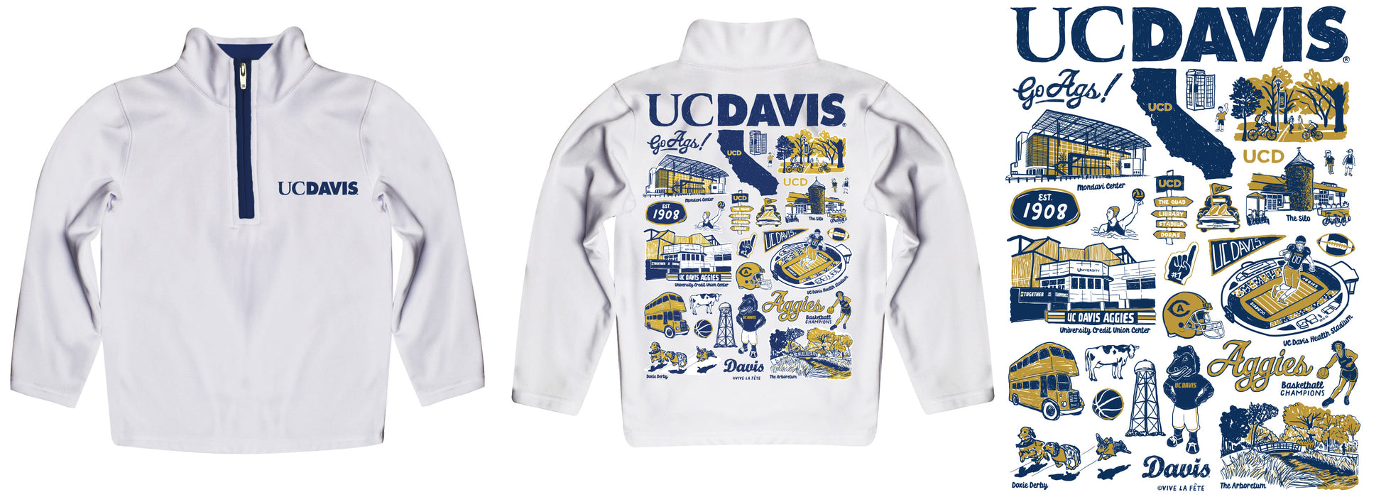 UC Davis Aggies Hand Sketched Vive La Fete Impressions Artwork White Boys Quarter Zip Pullover V1