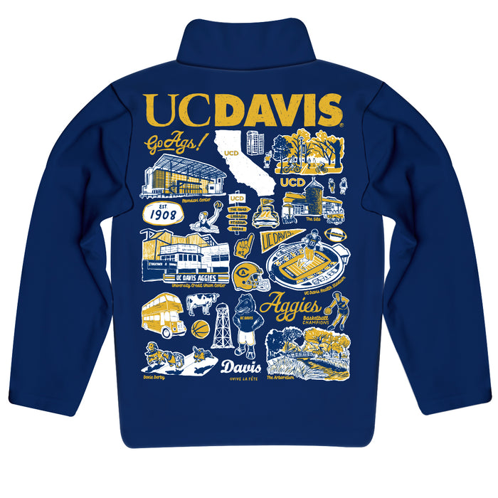 UC Davis Aggies Hand Sketched Vive La Fete Impressions Artwork  Blue Boys Quarter Zip Pullover V1