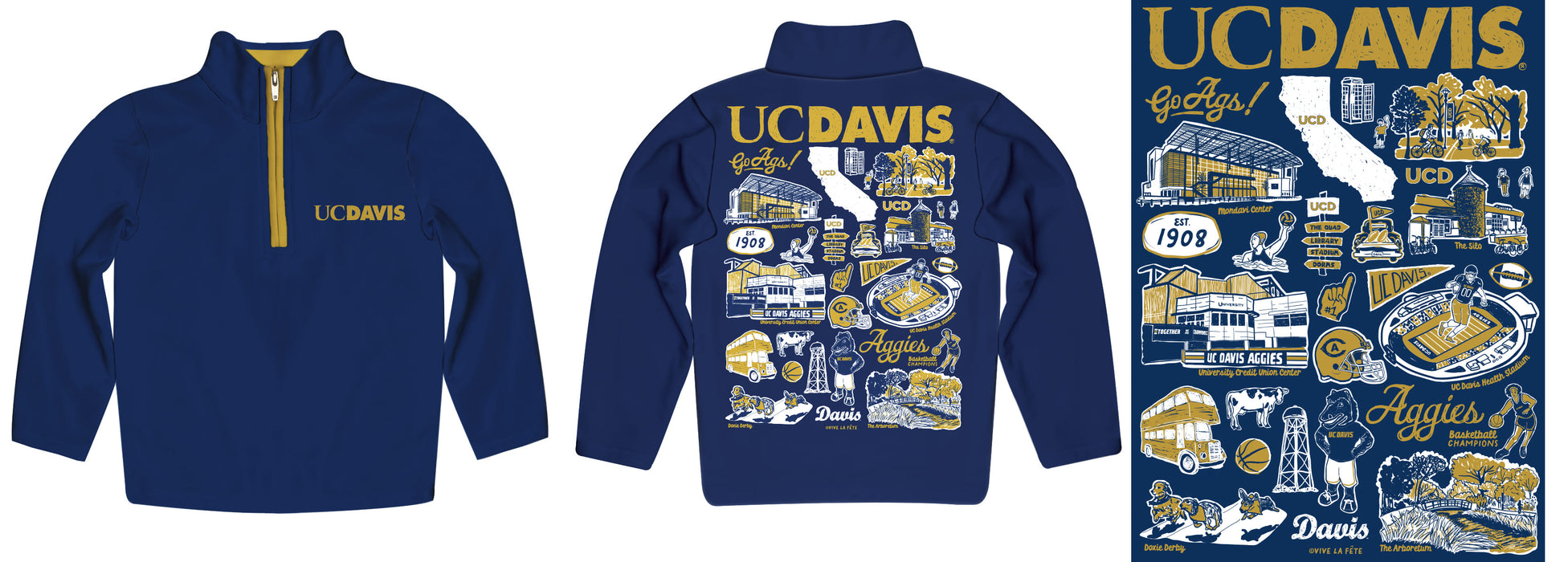 UC Davis Aggies Hand Sketched Vive La Fete Impressions Artwork  Blue Boys Quarter Zip Pullover V1