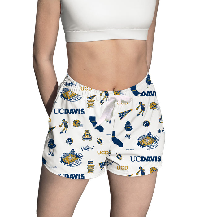 UC Davis Aggies Repeat Print Hand Sketched Vive La Fete Impressions Artwork Womens White Lounge Shorts