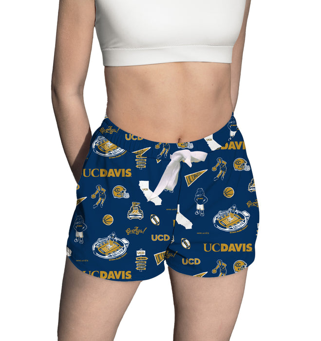 UC Davis Aggies Repeat Print Hand Sketched Vive La Fete Impressions Artwork Womens Blue Lounge Shorts