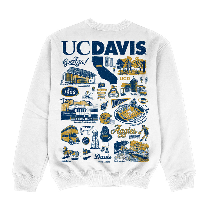 UC Davis Aggies Hand Sketched Impressions Artwork White Crewneck Sweatshirt for Women