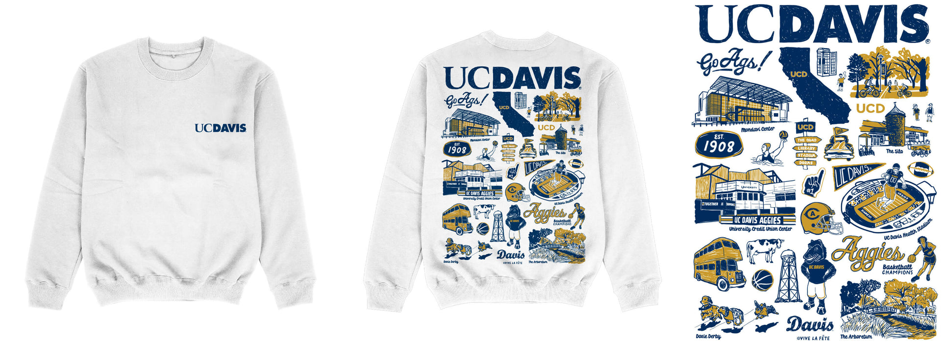 UC Davis Aggies Hand Sketched Impressions Artwork White Crewneck Sweatshirt for Women