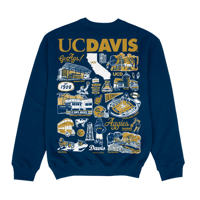 UC Davis Aggies Hand Sketched Impressions Artwork Blue Crewneck Sweatshirt for Women