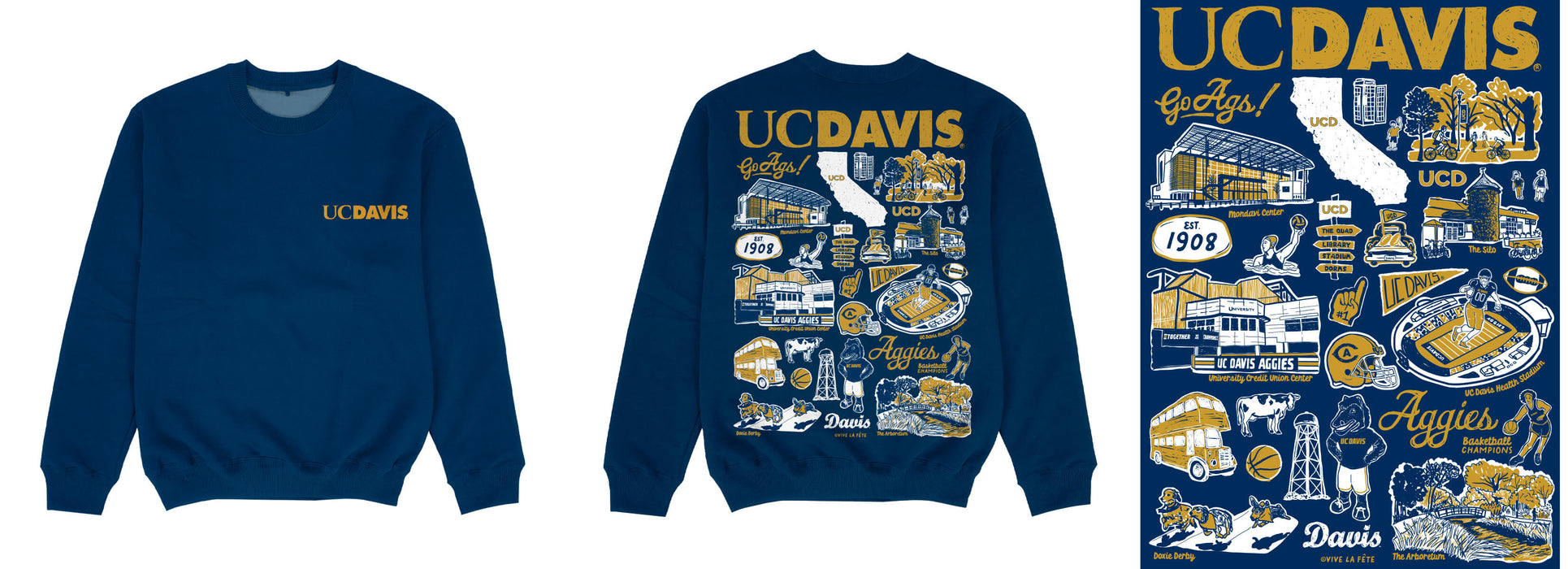 UC Davis Aggies Hand Sketched Impressions Artwork Blue Crewneck Sweatshirt for Women