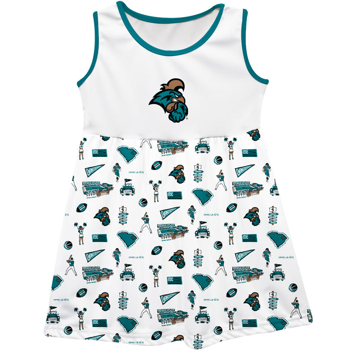 Coastal Carolina Chanticleers CCU Sleeveless Tank Dress Girls White Repeat Print Hand Sketched Vive La Fete Impressions