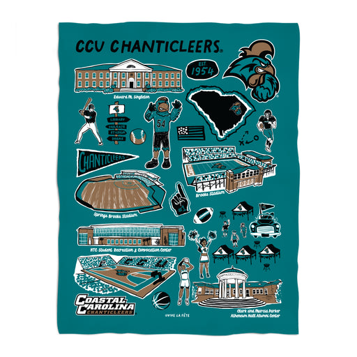 Coastal Carolina Chanticleers CCU Teal Hand Sketched Vive La Fete Impressions Artwork Plush Soft Minky Blanket 36 x 48