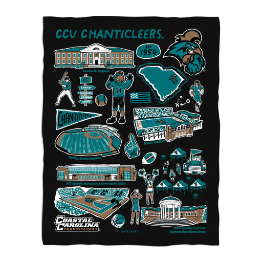 Coastal Carolina Chanticleers CCU Black Hand Sketched Vive La Fete Impressions Artwork Plush Soft Minky Blanket 36 x 48