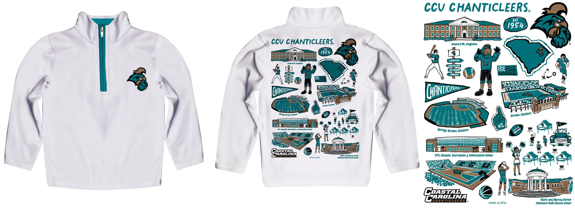 Coastal Carolina Chanticleers CCU Hand Sketched Vive La Fete Impressions Artwork White Boys Quarter Zip Pullover V1