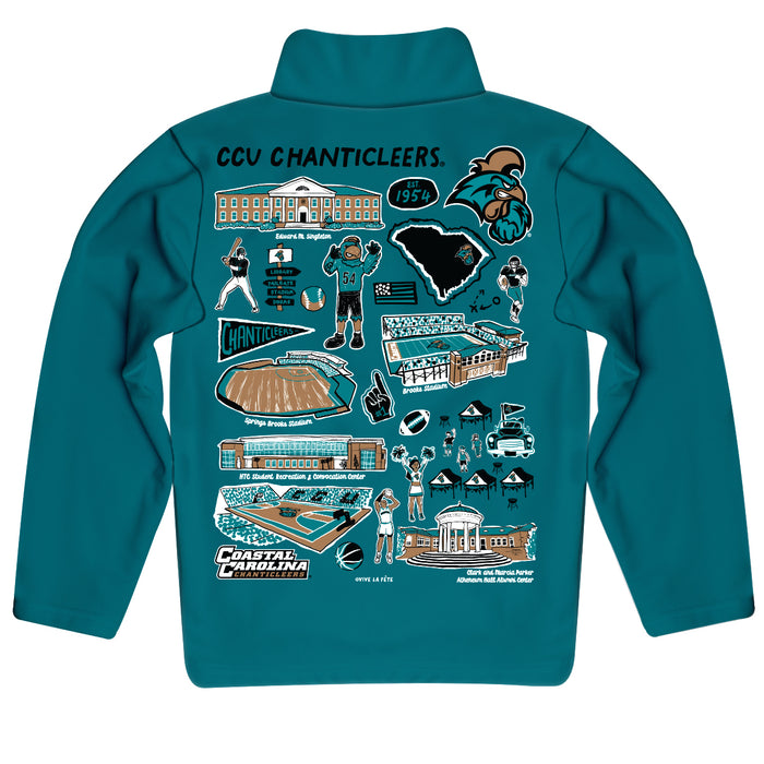 Coastal Carolina Chanticleers CCU Hand Sketched Vive La Fete Impressions Artwork  Teal Boys Quarter Zip Pullover V1