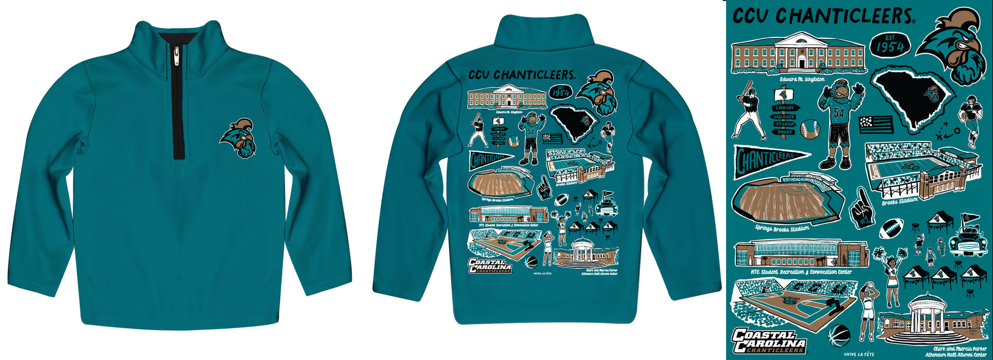 Coastal Carolina Chanticleers CCU Hand Sketched Vive La Fete Impressions Artwork  Teal Boys Quarter Zip Pullover V1