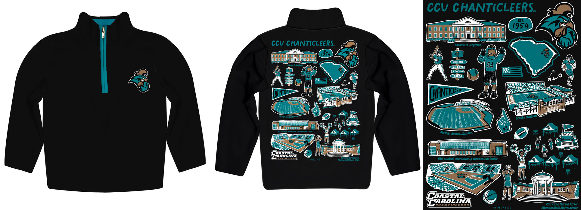 Coastal Carolina Chanticleers CCU Hand Sketched Vive La Fete Impressions Artwork  Black Quarter Zip Pullover V1