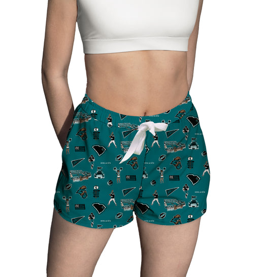 Coastal Carolina Chanticleers CCU Repeat Print Hand Sketched Vive La Fete Impressions Artwork Womens Teal Lounge Shorts