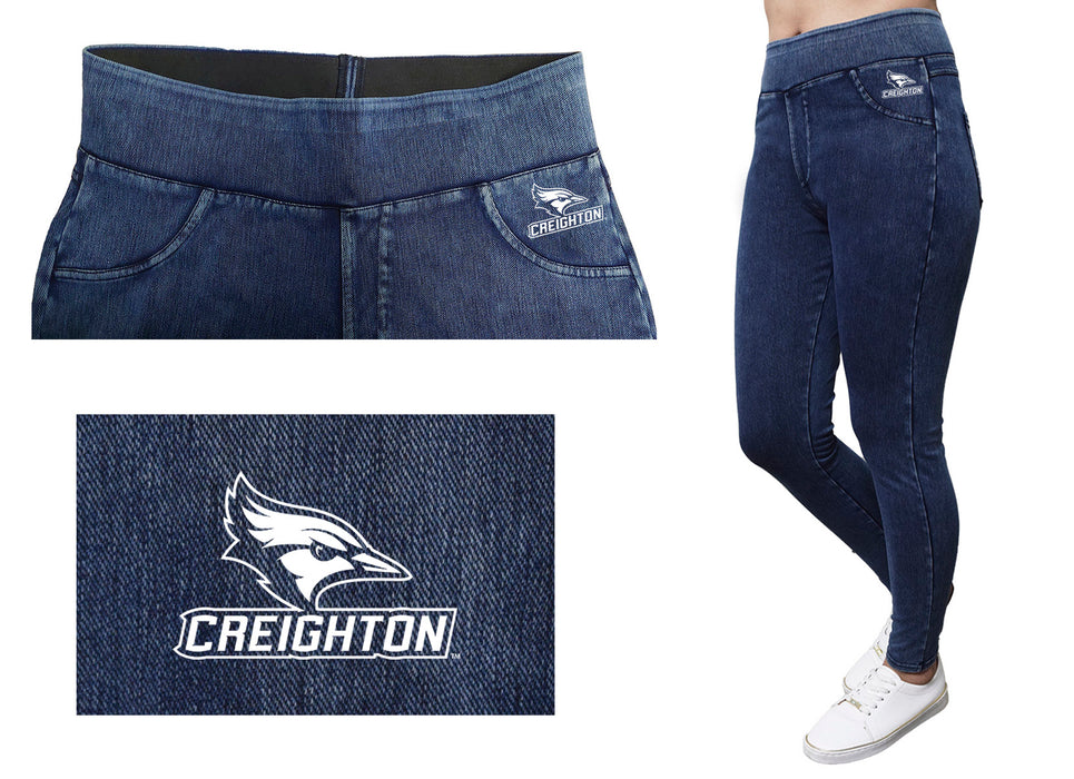 Creighton University Bluejays Vive La Fete Game Day Collegiate Logo on Fake Pocket Women Blue Jeggings