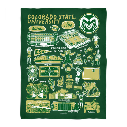 Colorado State Rams CSU Green Hand Sketched Vive La Fete Impressions Artwork Plush Soft Minky Blanket 36 x 48