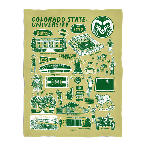 Colorado State Rams CSU Gold Hand Sketched Vive La Fete Impressions Artwork Plush Soft Minky Blanket 36 x 48