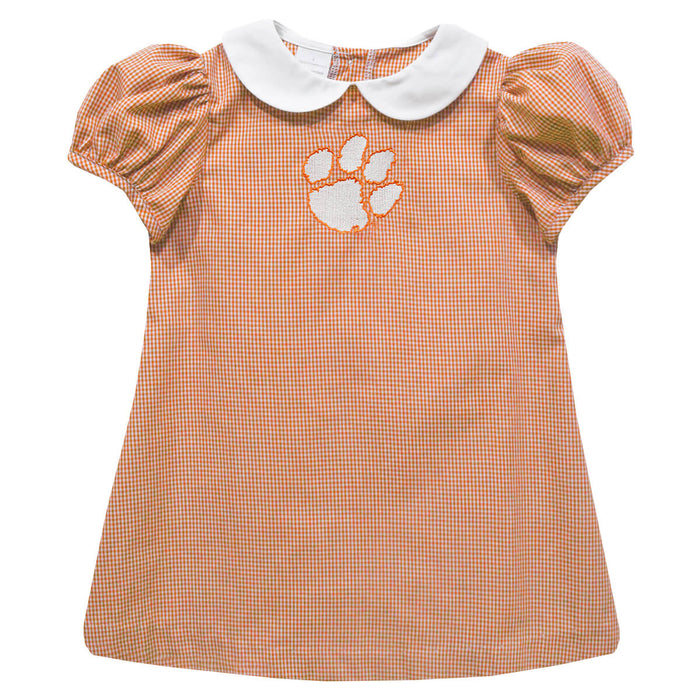 Clemson Tigers Embroidered Orange Gingham Short Sleeve A Line Dress