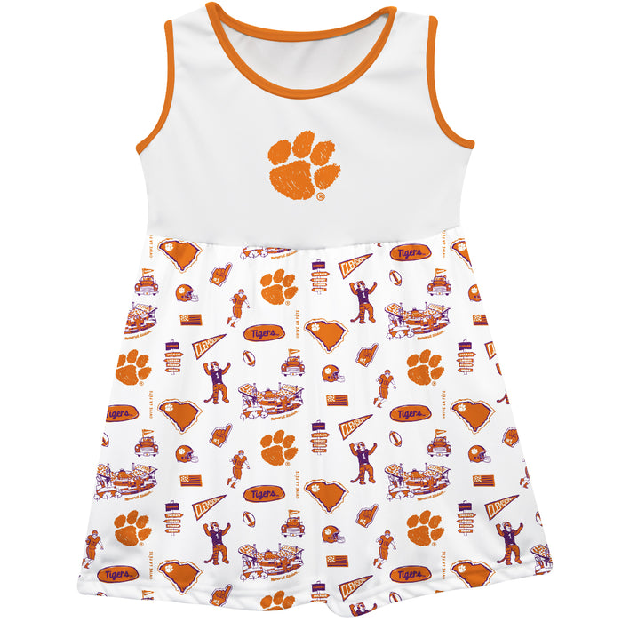 Clemson Tigers Sleeveless Tank Dress Girls White Logo and Repeat Print Hand Sketched Vive La Fete Impressions Artwork