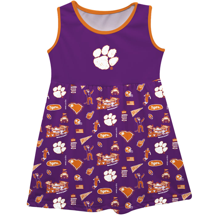 Clemson Tigers Sleeveless Tank Dress Girls Purple Logo and Repeat Print Hand Sketched Vive La Fete Impressions Artwork