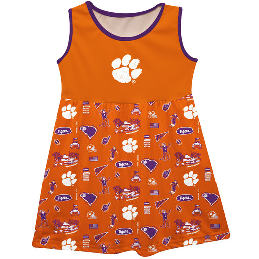 Clemson Tigers Sleeveless Tank Dress Girls Orange Logo and Repeat Print Hand Sketched Vive La Fete Impressions Artwork