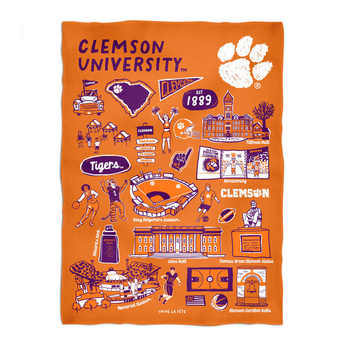 Clemson Tigers Orange Hand Sketched Vive La Fete Impressions Artwork Plush Soft Minky Blanket 36 x 48