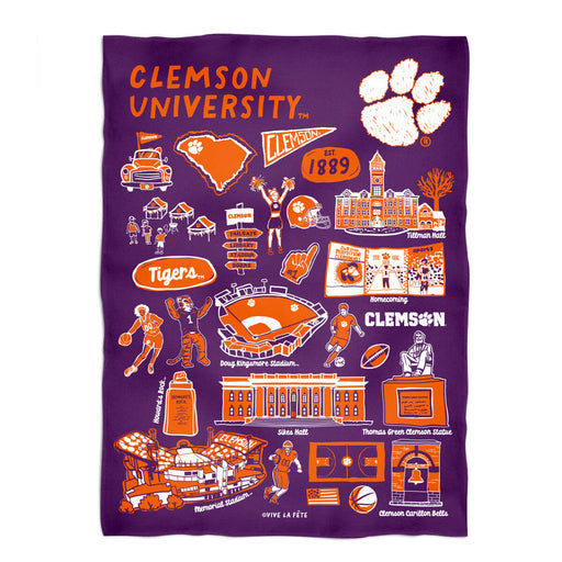 Clemson Tigers Purple Hand Sketched Vive La Fete Impressions Artwork Plush Soft Minky Blanket 36 x 48