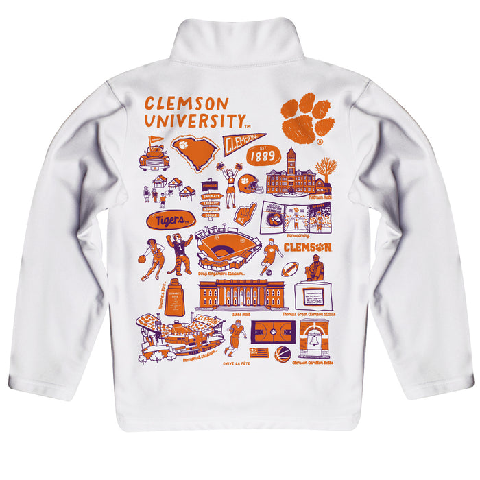 Clemson Tigers Hand Sketched Vive La Fete Impressions Artwork  White Boys Quarter Zip Pullover V1